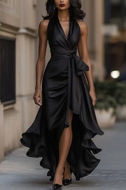 Solid Color Elegant V-neck Waist Irregular Ruffle Maxi Dress