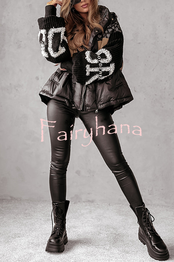 Stylish Denim Knit Long-sleeved Patchwork Hooded Pocket Thickened Jacket