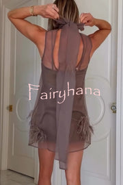 Playful Charm Sheer Chiffon Embellished Feather Back Bow H-line Mini Dress
