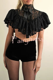 Avina Lace Bow Detail High Neck Cascading Ruffles Cropped Cape Top