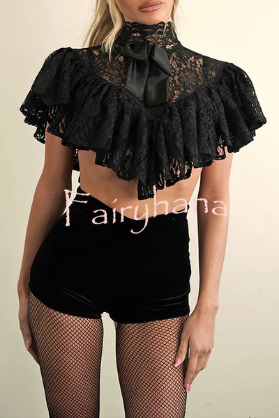 Avina Lace Bow Detail High Neck Cascading Ruffles Cropped Cape Top