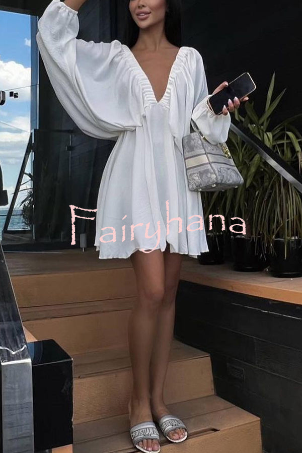 V Neck Puff Sleeve Solid Color Resort Style Mini Dress