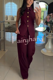 Fashion Lapel Sleeveless Button Vest and Casual Straight-leg Suit Pants Set