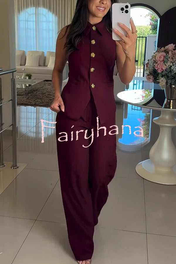 Fashion Lapel Sleeveless Button Vest and Casual Straight-leg Suit Pants Set