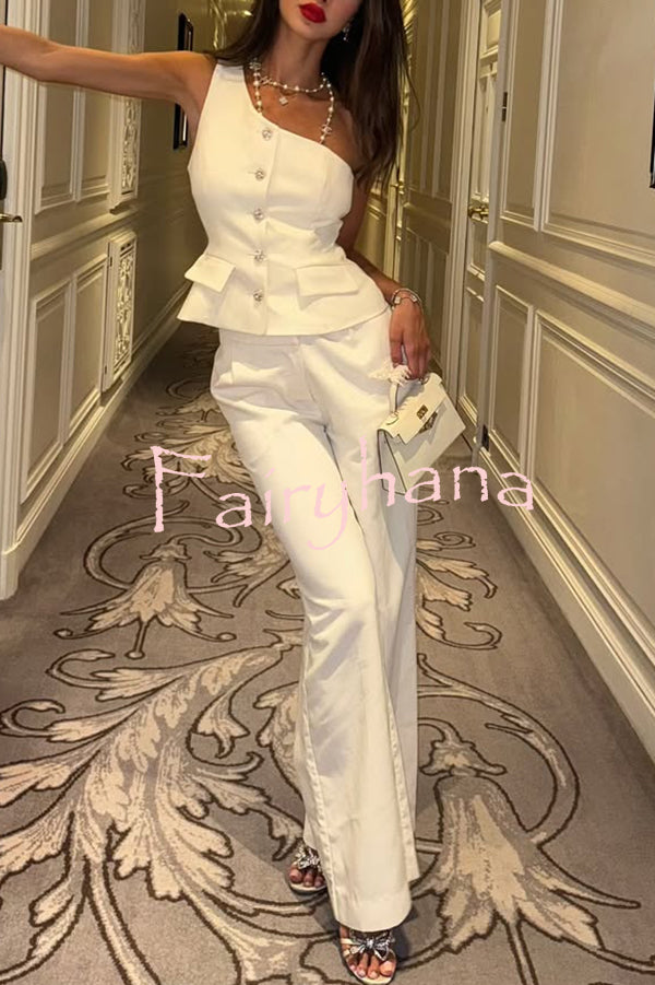 Fashion One-shoulder Slim-fit Button Vest and Casual Pocket Straight-leg Suit Pants Set