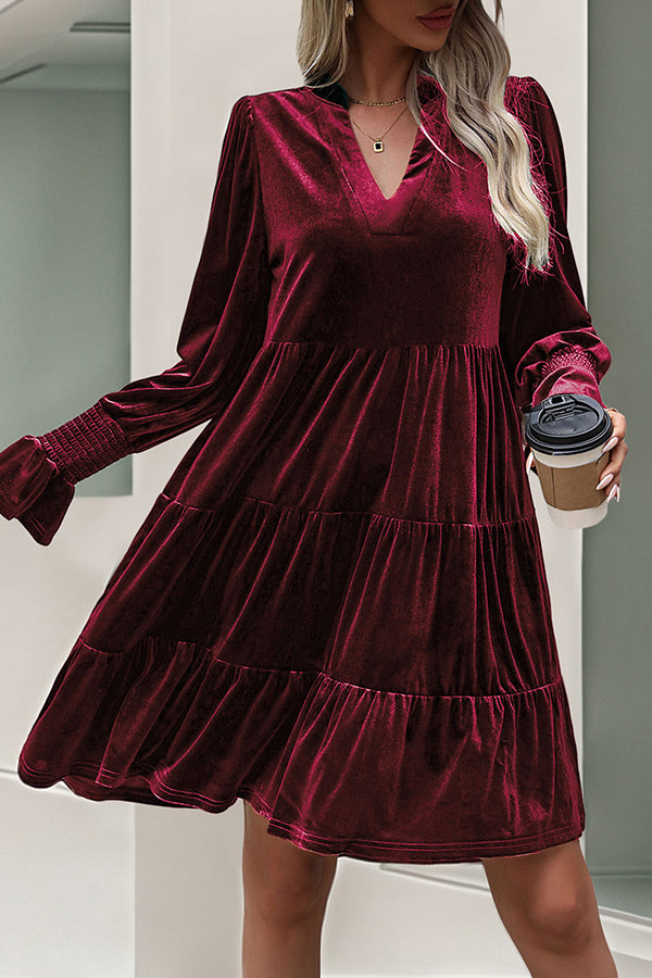 Solid Color Velvet V-Neck Long Sleeve Elegant Loose Mini Dress