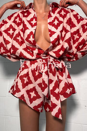 Porticia Linen Blend Unique Print Button Belted Loose Shirt Romper