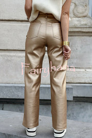 Stylish Metallic Fabric Pocket Casual Straight Wide-Leg Pants