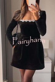 Endless Celebration Velvet Jewel Embellished Trim Long Sleeve Pocketed Mini Dress