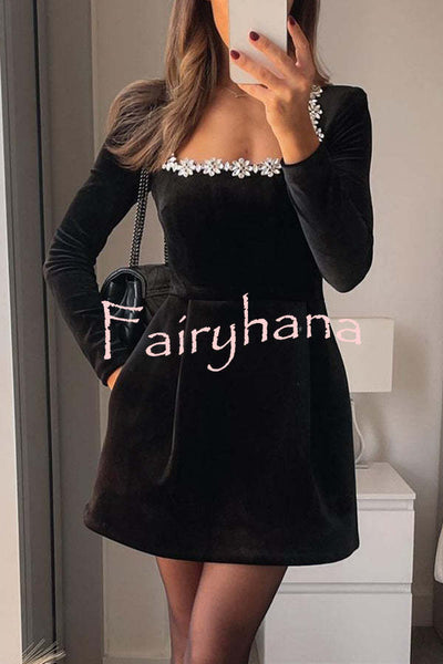 Endless Celebration Velvet Jewel Embellished Trim Long Sleeve Pocketed Mini Dress