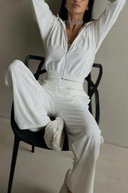 Solid Color Velvet Long-sleeved Zip-up Sweatshirt and Elastic Waist Casual Pocket Straight-leg Pants Set