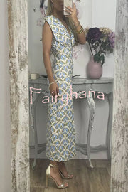 Forever Here Printed Padded Shoulder Front Center Slit Midi Dress