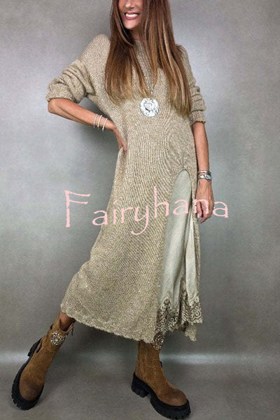 Solid Color Knitted Long-sleeved Casual Slit Midi Dress