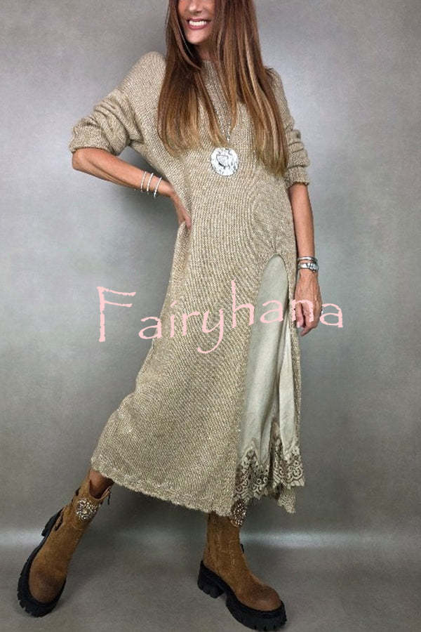 Solid Color Knitted Long-sleeved Casual Slit Midi Dress