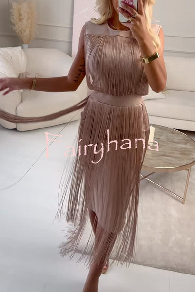 Elegant and Modern Draped Tassel Design Sleeveless Stretch Midi Dress