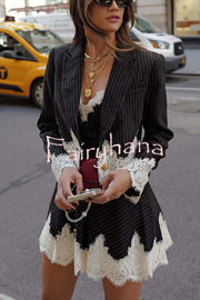 Emily in Paris Striped Lace Trim Lapel Crop Loose Blazer