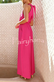 Solid Color Resort Style Halter Neck Waist Pocket Wide Leg Jumpsuit