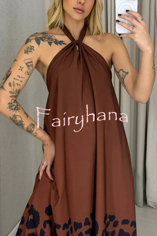 Leopard Print Sexy Halter Neck Backless Loose Maxi Dress