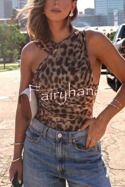 Leopard Print Asymmetric Mesh Pleated Slim-fit Rompers