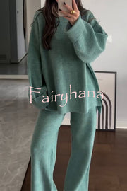 Solid Color Loose Long-sleeved Knit Top and Elastic Waist Casual Straight Leg Pants Set