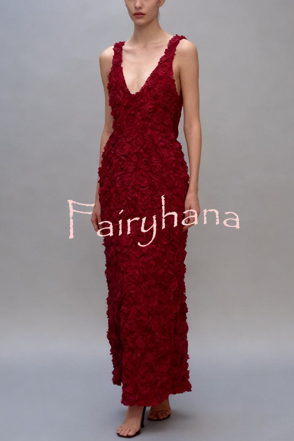 Three-dimensional Flower Sexy V-neck Slim Maxi Dress