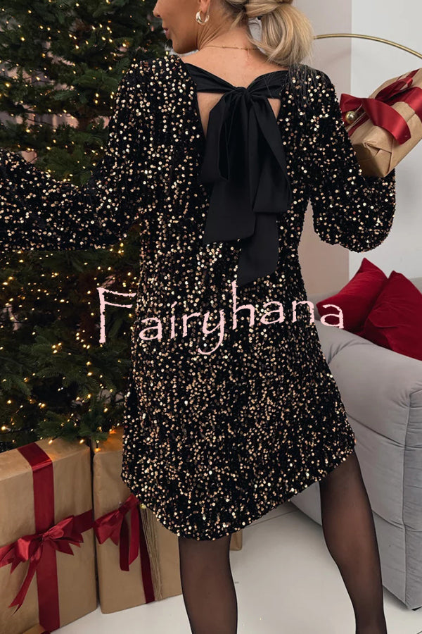 Velvet Sequin Back Bow Bell Sleeves Loose Mini Dress