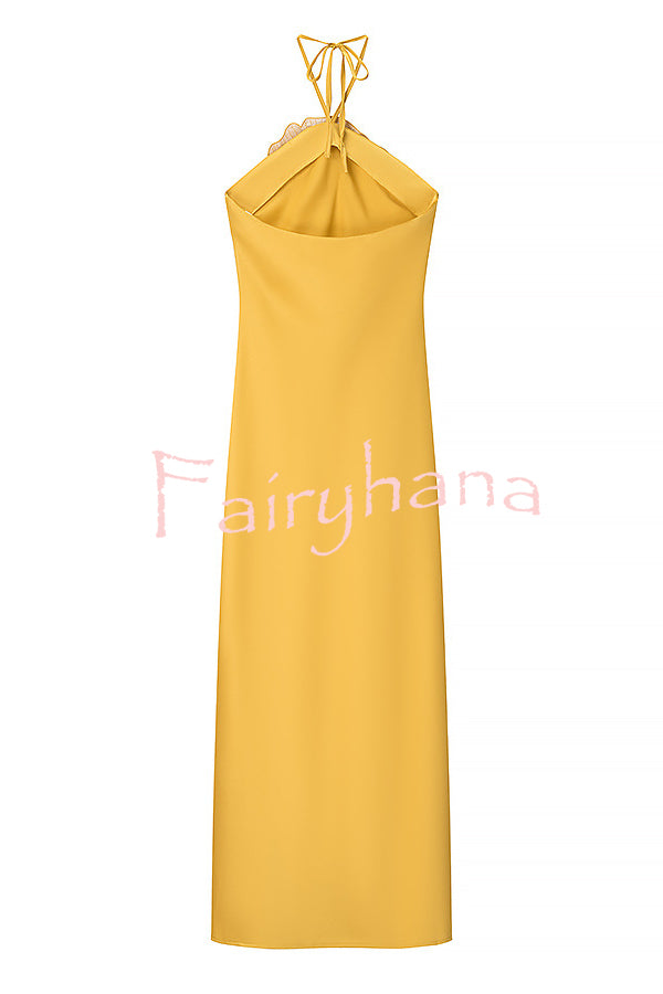 Fashionable Beaded Large Flower Decoration Halter Neck Backless Maxi Dress