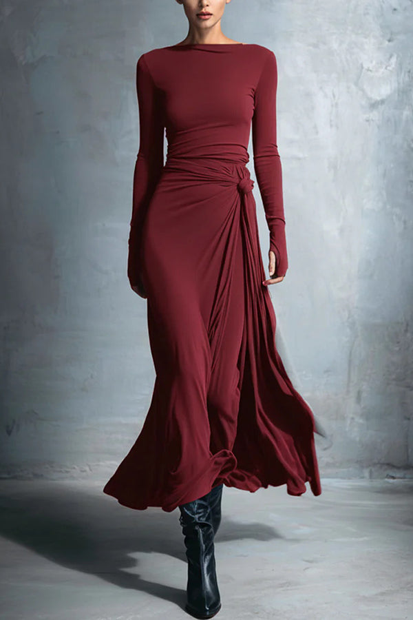 Solid Color Long-sleeved Slim-fit Knot Decoration Maxi Dress