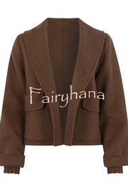 Comfortable Season Shawl Collar Open-front Long Sleeve Flap Pockets Crop Coat