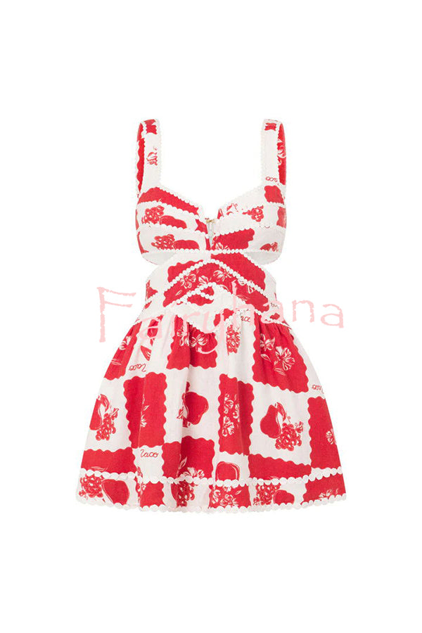 Lucia Linen Blend Ric Rac Trims Unique Print Cutout Pocketed Mini Dress