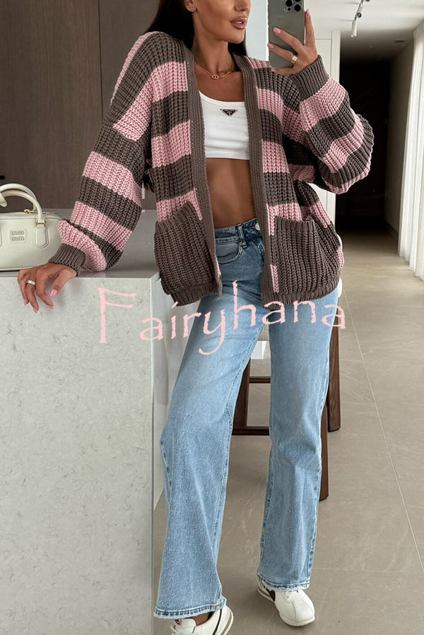 Fashionable Patchwork Striped Casual Pocket Knitted Sweater