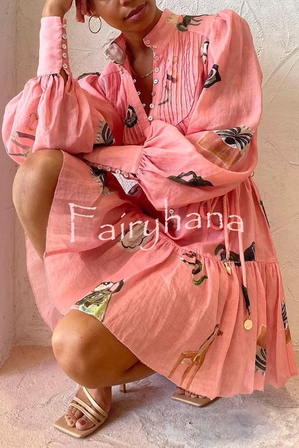 Unique Print Single Breasted Balloon Sleeve Tie Waist Ruffled Mini Dress