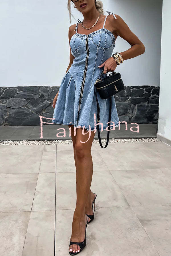 Fashionable Patchwork Suspender Zipper Slim Denim Mini Dress