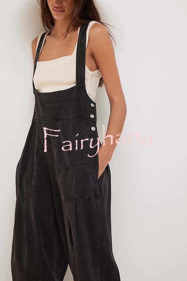 Fashionable Casual Side Pocket Button Loose Denim Overalls