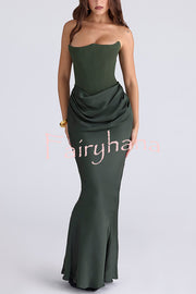 Attend The Gala Strapless Corset Satin Ruched Hip Drape Maxi Dress