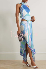 Ansela Satin Unique Print Halter Scarf Tank and Asymmetrical Maxi Skirt Set