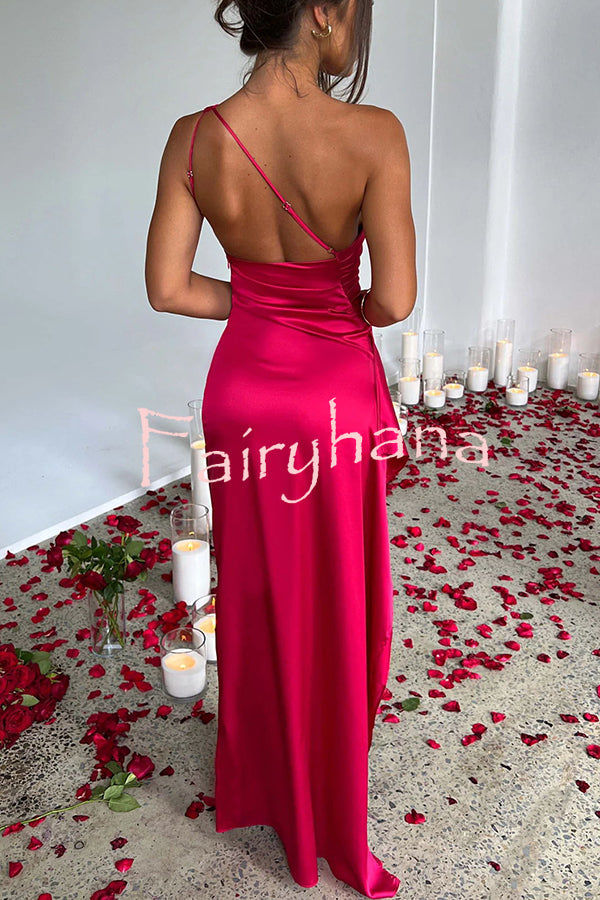 Fits Your Curves Satin One Shoulder Drape Slit Maxi Dress