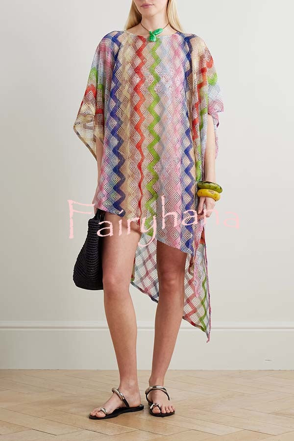 Sun Washed Knit Colorful Zigzag Pattern Asymmetric Hem Loose Cover-ups Kaftan