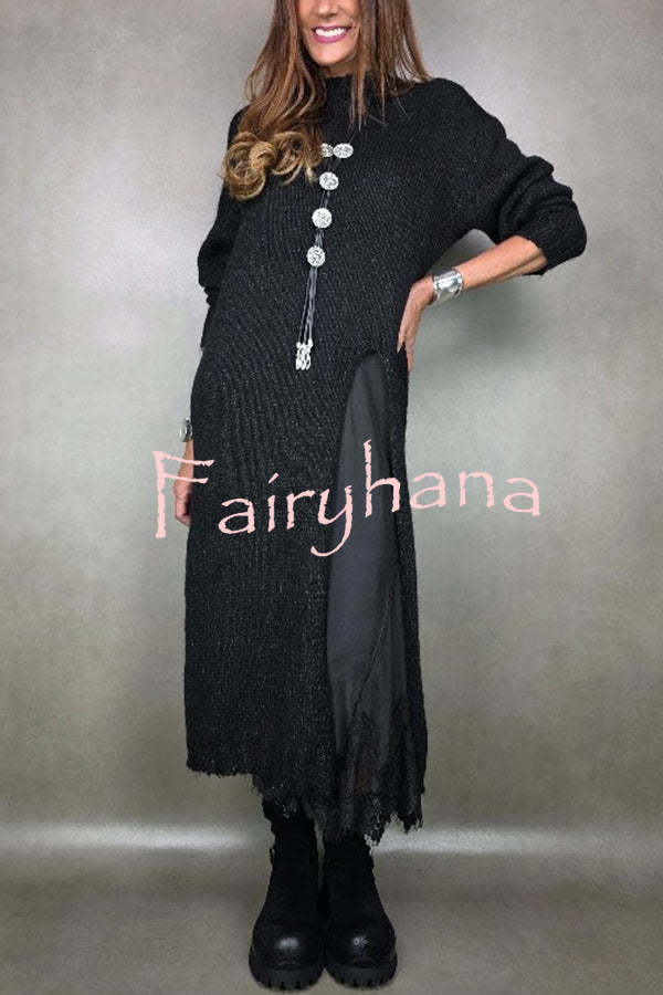 Solid Color Knitted Long-sleeved Casual Slit Midi Dress