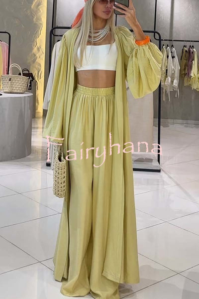 Beach Cottage Open Front Long Pleated Lantern Sleeve Long Cover-up Jacket