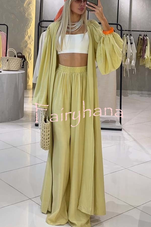 Beach Cottage Open Front Long Pleated Lantern Sleeve Long Cover-up Jacket