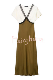 Fashionable Contrast Color V-neck Lace Stitching Maxi Dress