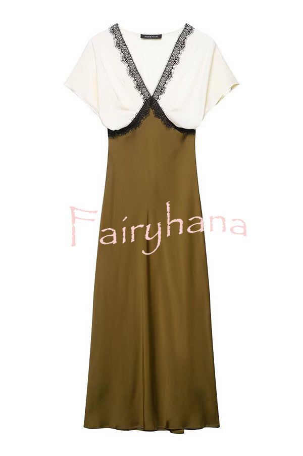 Fashionable Contrast Color V-neck Lace Stitching Maxi Dress