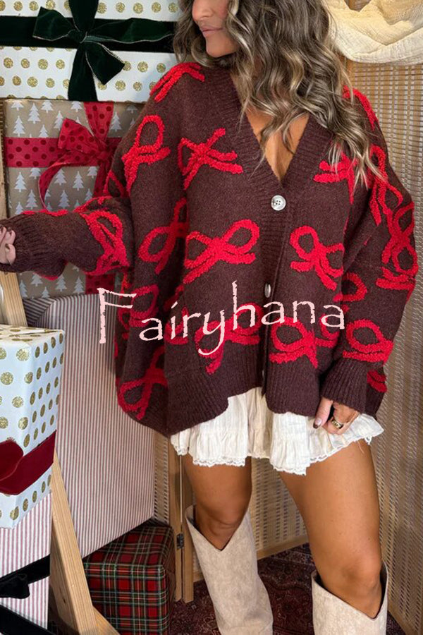 Santa Baby Knit Bow Color Block Button Up Long Sleeve Oversized Fit Cardigan