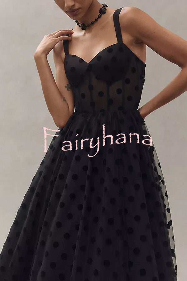 Perfect Guest Tulle Polka Dot Sweetheart Bustier A-Line Midi Dress