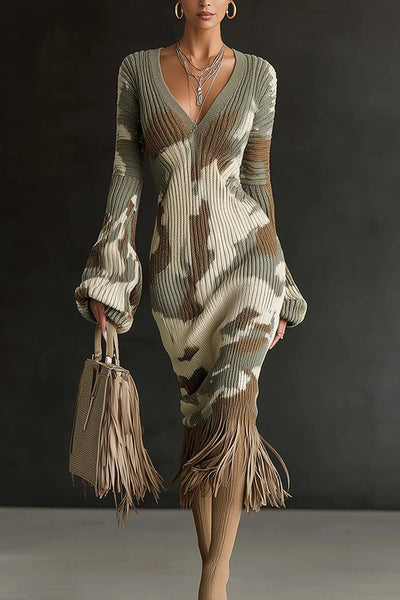 Unique Printed V-neck Long-sleeved Elegant Tassel Hem Midi Dress