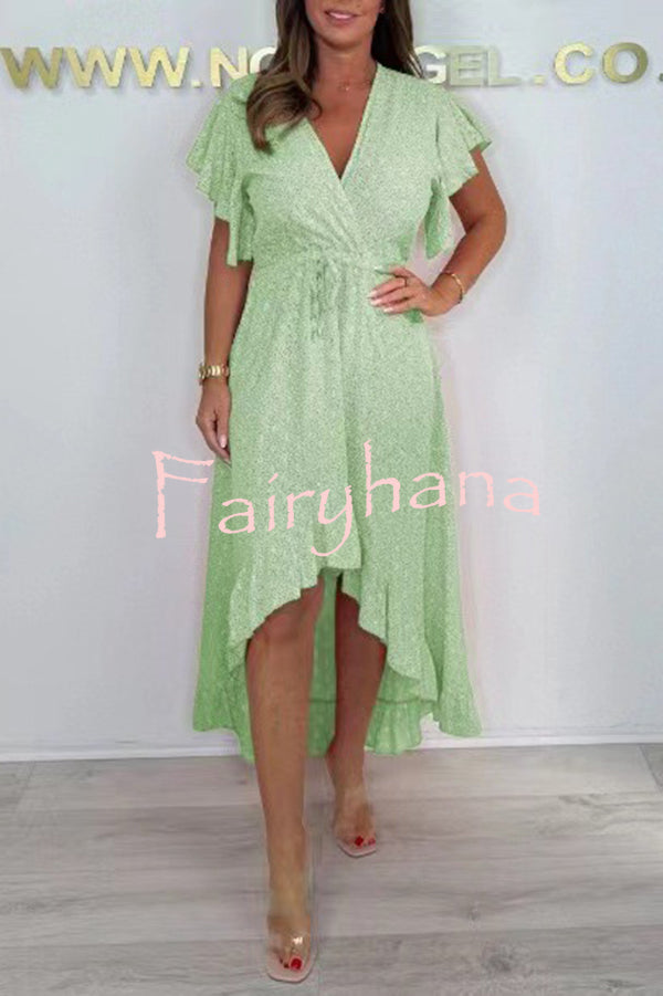 Resort Style V-neck Ruffle Sleeves Waist Tie Irregular Midi Dress