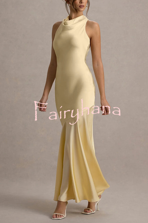 Timeless Sophistication Satin Cowl Detail Back Self-tie Halter Neck Maxi Dress