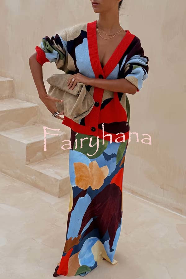 Bright and Bold Satin Abstract Color Blocks Print Elastic Waist Drape Maxi Skirt