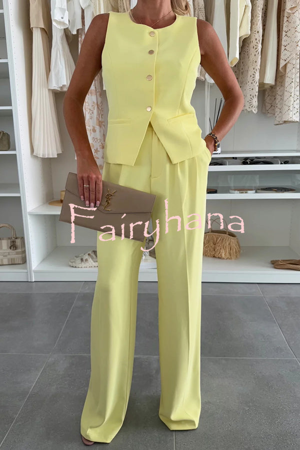 Workplace Chic Sleeveless Button Vest and Relaxed Pocket Wide Leg Pants Set